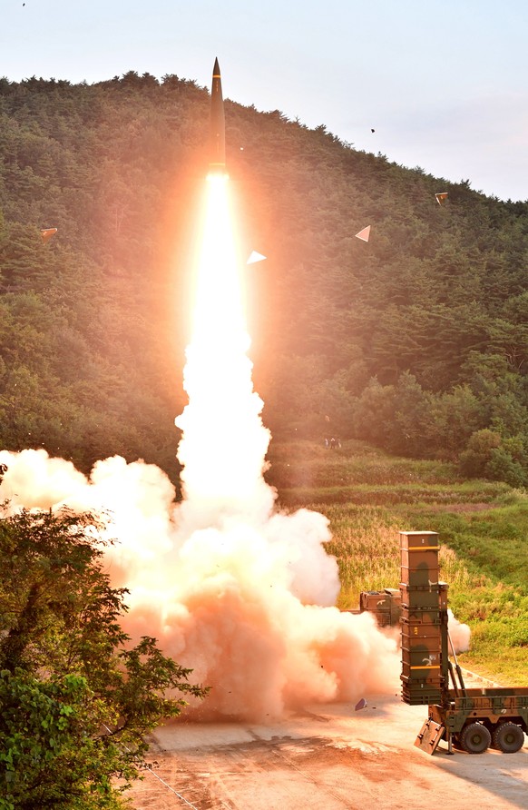 epa06182230 A handout photo made available by South Korea&#039;s Joint Chiefs of Staff (JCS) shows a Hyunmoo-2 missile being launched at an undisclosed location on the east coast of South Korea, 04 Se ...