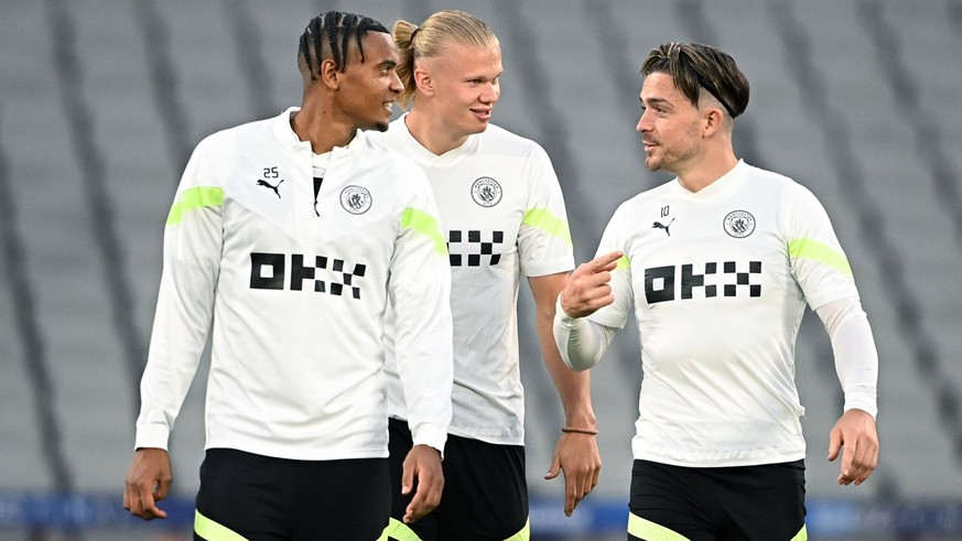 Turkey Soccer Champions League Manchester City Training 8452497 09.06.2023 Manchester City s Manuel Akanji, Erling Haaland and Jack Grealish attend a training session ahead of the Champions League fin ...
