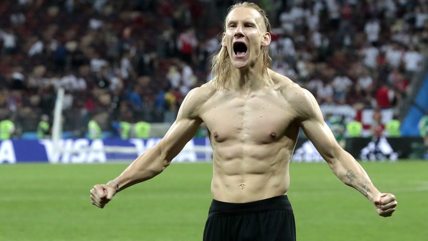 epa06882178 Domagoj Vida of Croatia celebrates after Croatia won the FIFA World Cup 2018 semi final soccer match between Croatia and England in Moscow, Russia, 11 July 2018.

(RESTRICTIONS APPLY: Ed ...