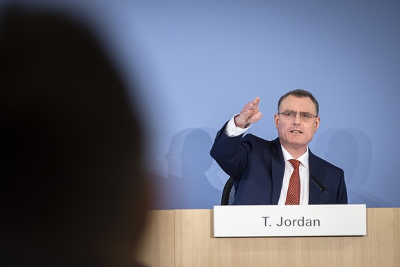 Swiss National Bank&#039;s (SNB) Chairman of the Governing Board Thomas Jordan speaks during a media briefing of the Swiss National Bank in Zurich, Switzerland, on Thursday, March 23, 2023. (KEYSTONE/ ...