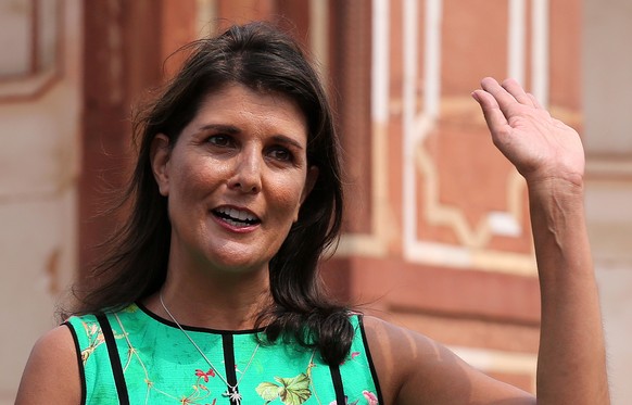epa06843261 US Ambassador to the Unites Nations Nikki Haley gestures as she speaks to the media as she visits one of the top Indian historic heritage sites, the 450-year-old Humayun&#039;s Tomb, in Ne ...