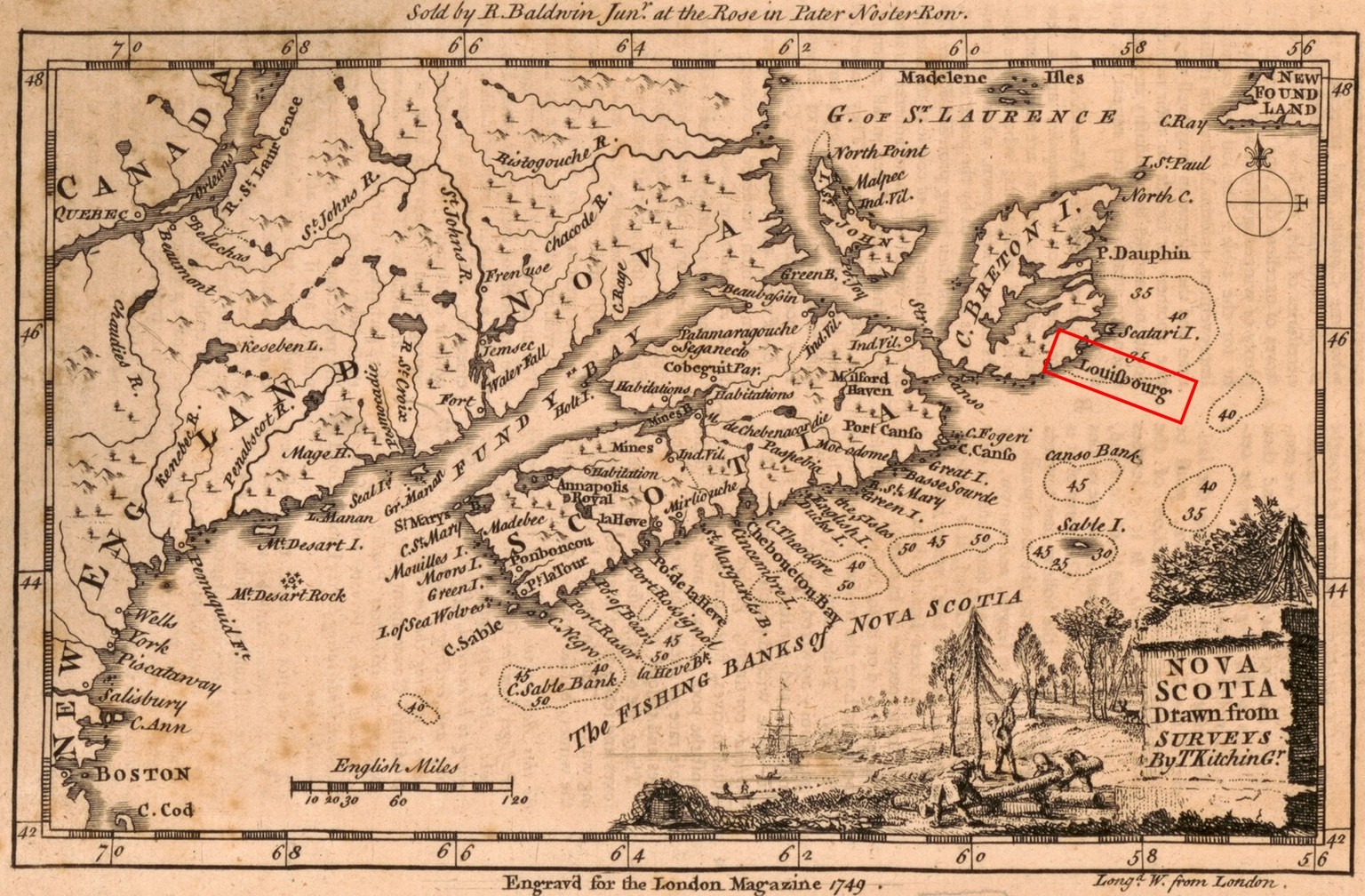 Karte von Nova Scotia um 1749. Die Festung Louisbourg liegt am südlichen Ufer der Insel Cape Breton.
https://www.loc.gov/resource/g3420.ct008128/?r=0.008,0.119,0.949,0.49,0