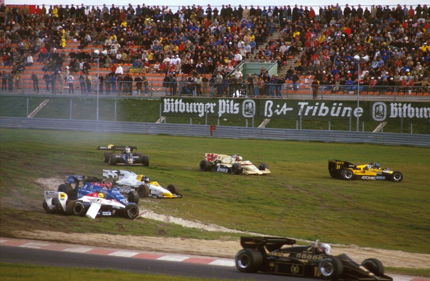 Nurburgring, Germany. 5-7 October 1984. On the opening lap Ayrton Senna Toleman TG184 Hart, Piercarlo Ghinzani Osella FA1F Alfa Romeo, Marc Surer Arrows A7 BMW and Gerhard Berger ATS D7 BMW all retire ...