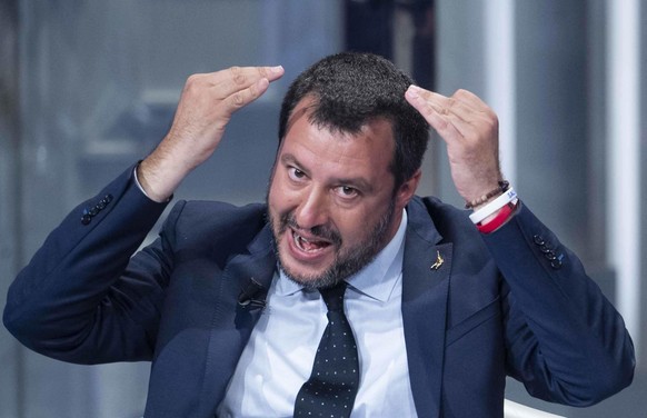 epa07592918 Italian Deputy Premier and Interior Minister, Matteo Salvini, speaks during the Raiuno Italian program &#039;Porta a porta&#039; conducted by Italian journalist Bruno Vespa in Rome, Italy, ...