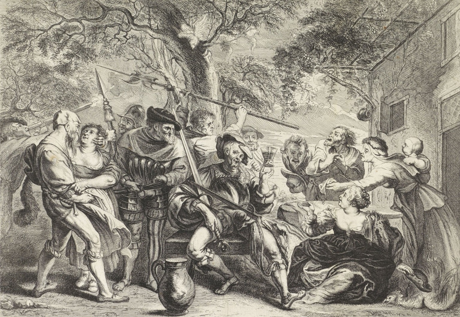 Auch das war für die lokale Bevölkerung bisweilen belastend: Feiernde Soldaten vor einem Gasthaus. Stich von Frans van den Wijngaerde, nach Peter Paul Rubens, um 1650.
https://www.rijksmuseum.nl/en/se ...