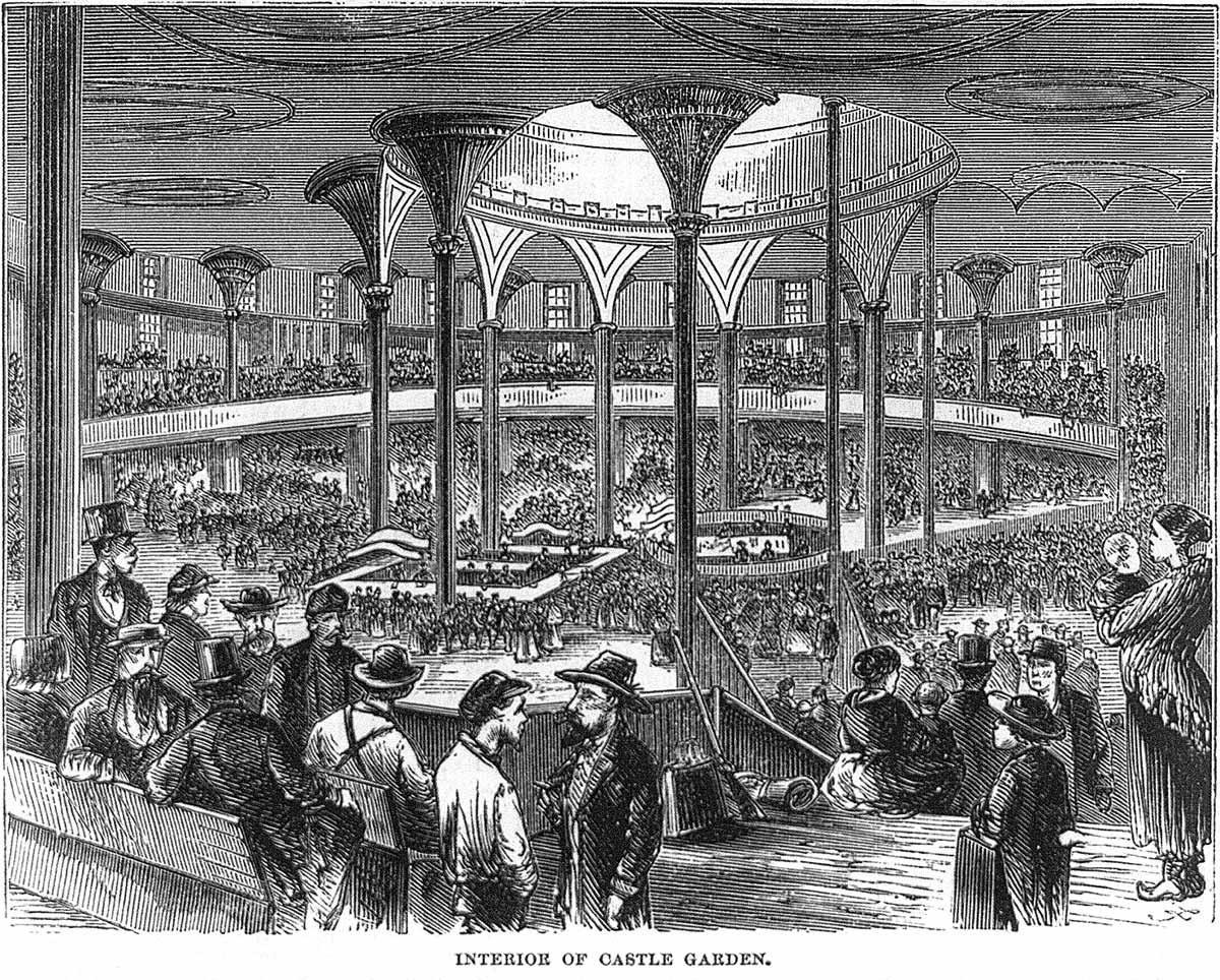 In «Castle Garden» wurden die Immigranten geprüft und erfasst. Illustration aus dem Harper's Magazine, 1871.
https://www.loc.gov/item/2005693092/