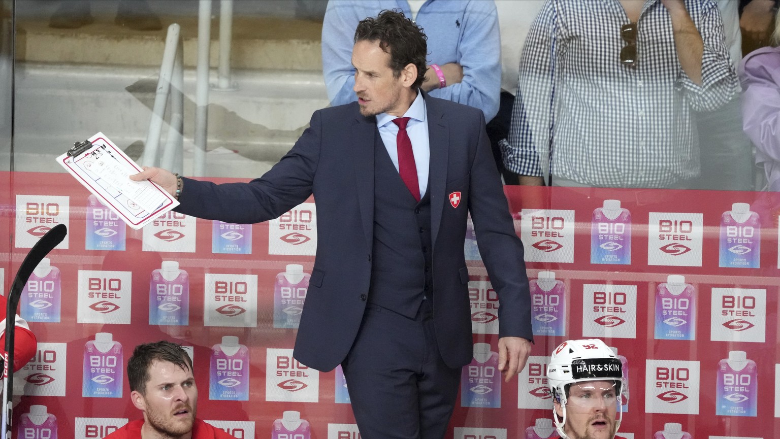 Head coach Patrick Fischer of Switzerland reacts during the group B match between Latvia and Switzerland at the ice hockey world championship in Riga, Latvia, Tuesday, May 23, 2023. (AP Photo/Roman Ko ...