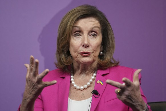 Former U.S. Speaker of the House of Representatives, Nancy Pelosi, speaks at Chatham House, to discuss challenges to American democracy and the importance of leadership in an election year, in London, ...