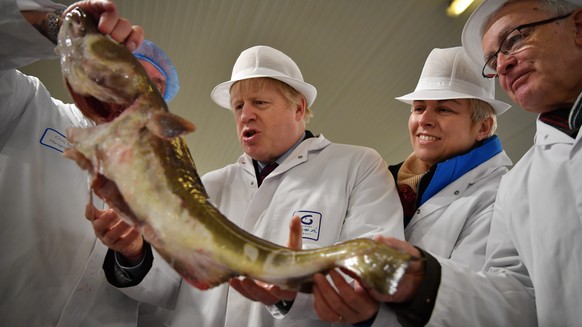 FILE - In this Dec. 9, 2020 file photo, Britain's Prime Minister and Conservative Party leader Boris Johnson, center, visits Grimsby fish market in Grimsby, northeast England. On the eve of a European ...