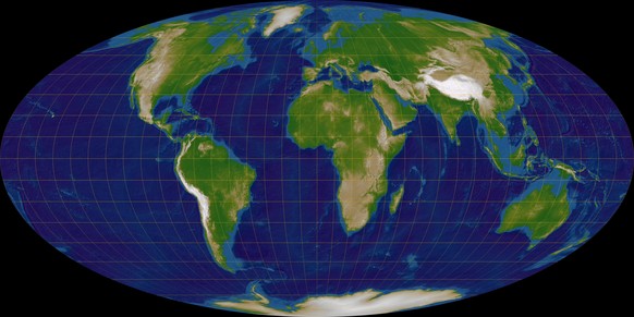 Die Mollweide-Projektion stellt die gesamte Erdoberfläche als Ellipse dar.