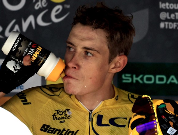 epa10742096 Yellow Jersey overall leader Danish rider Jonas Vingegaard of team Jumbo-Visma reacts after the 11th stage of the Tour de France 2023, a 180 km race from Clermont-Ferrand to Moulins, Franc ...