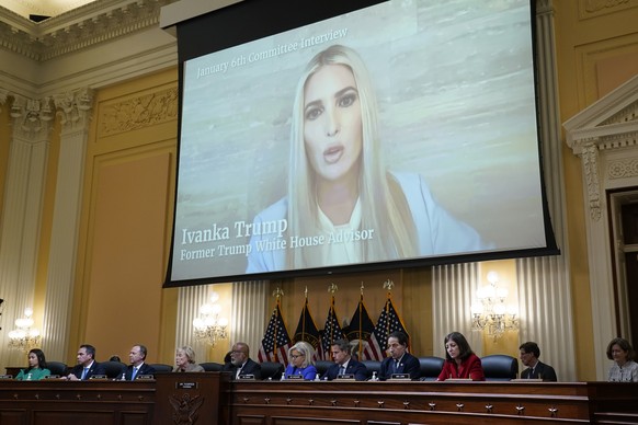 A video showing former White House Advisor Ivanka Trump speaking during an interview with the Jan. 6th Committee is shown as committee members from left to right, Rep. Stephanie Murphy, D-Fla., Rep. P ...