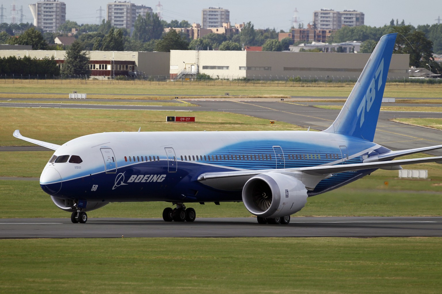 FILE - The Boeing 787 Dreamliner taxis after its landing at Le Bourget airport, east of Paris, upon its presentation for the first time at the 49th Paris Air Show at the airport, June 21, 2011. Boeing ...