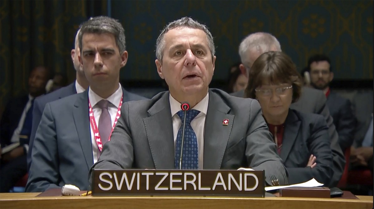 In this image made from UNTV video, Switzerland's Foreign Minister Ignazio Cassis speaks during a United Nations Security Council meeting, Friday, Feb. 24, 2023. (UNTV via AP)
