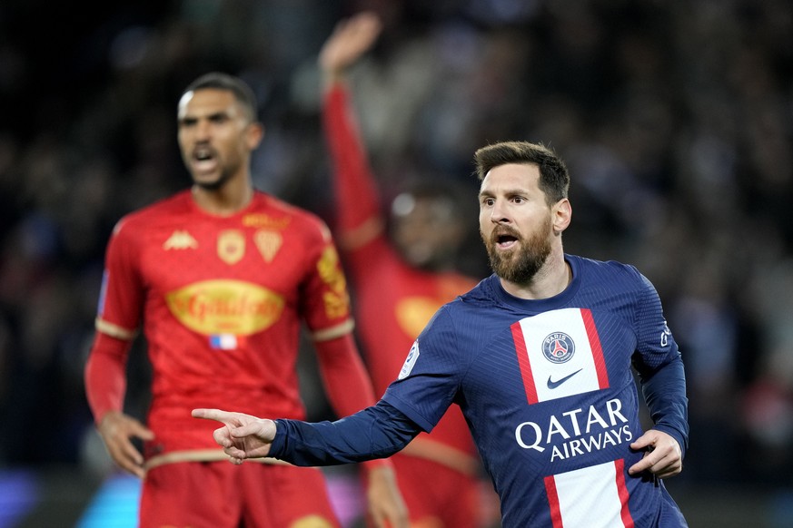 PSG&#039;s Lionel Messi gestures during the French League One soccer match between Paris Saint-Germain and Angers at the Parc des Princes in Paris, France, Wednesday, Jan. 11, 2023. (AP Photo/Francois ...