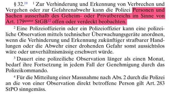 Artikel 32 des Polizeigesetzes zu «polizeilicher Observation»&nbsp;