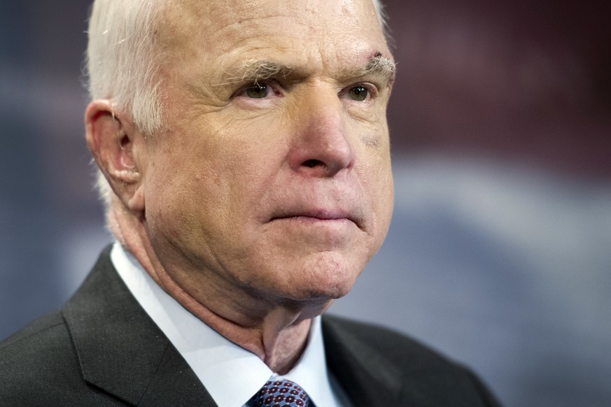 FILE - In this July 27, 2017, file photo, Sen. John McCain, R-Ariz., speaks to reporters on Capitol Hill in Washington. McCain says he won&#039;t vote for the Republican bill repealing the Obama healt ...