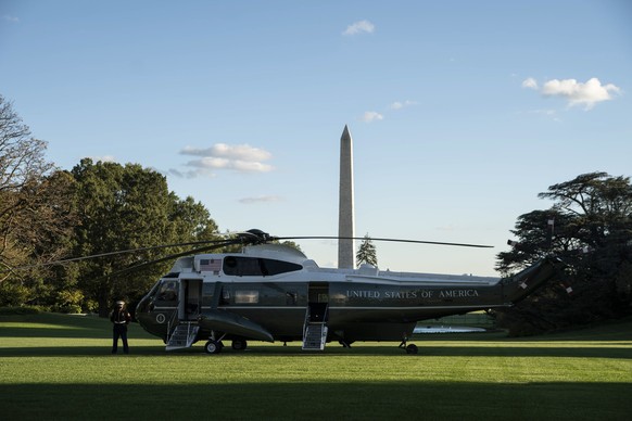 epa08716561 Marine One is seen on the South Lawn of the White House on Marine One ahead of US President Donald J. Trump&#039;s departure in Washington, DC, USA, on 02 October 2020. Trump will be taken ...