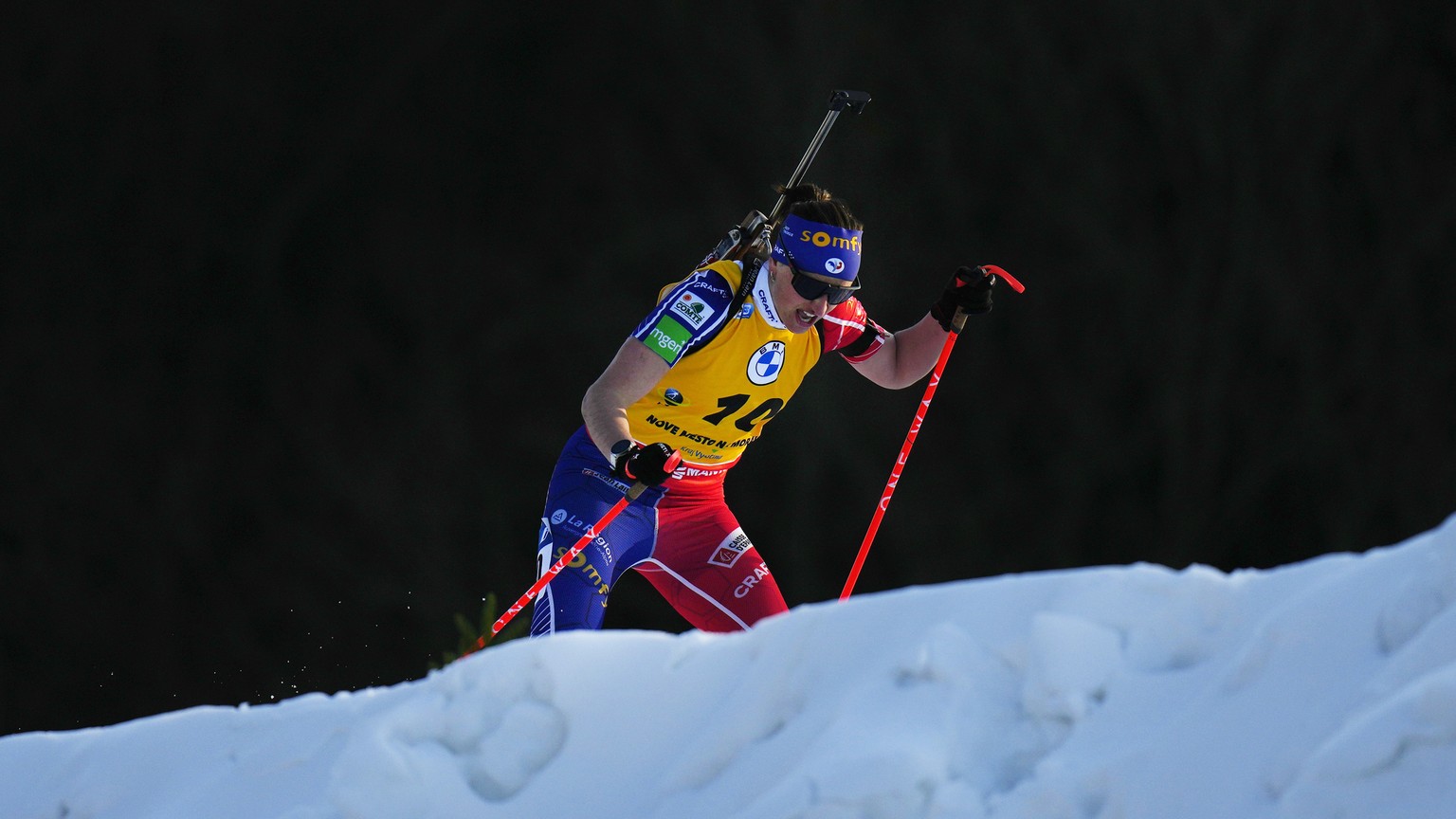 France&#039;s Julia Simon competes in the women&#039;s Biathlon World Cup 7.5 km sprint event in Nove Mesto na Morave, Czech Republic, Friday, March 3, 2023. (AP Photo/Petr David Josek)