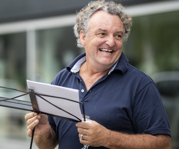 Swiss Actor Marco Rima attends a protest against the Swiss government&#039;s measures to slow down the spread of the coronavirus disease (COVID-19), at the Turbinenplatz in Zurich, Switzerland, Saturd ...