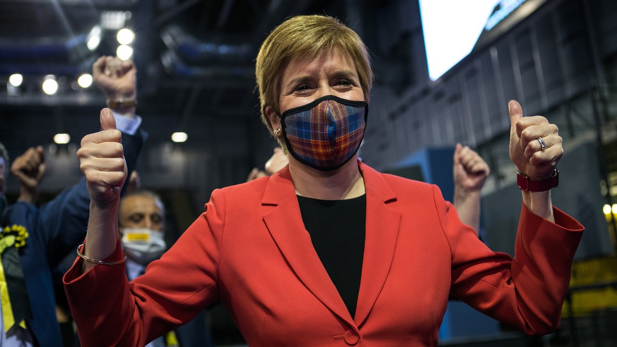 epa09183767 Scotland's First Minister and leader of the Scottish National Party (SNP), Nicola Sturgeon celebrates being declared the winner of the Glasgow Southside seat at Glasgow counting centr ...