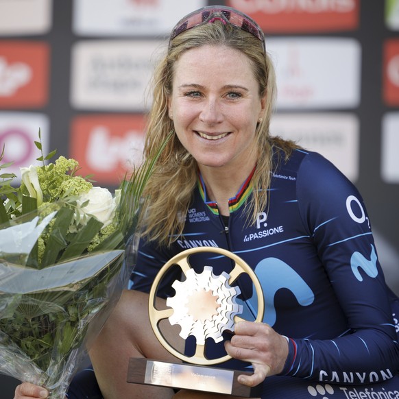 First place, Netherland&#039;s Annemiek Van Vleuten of the Movistar team, poses with her trophy on the podium during the women&#039;s Belgian cycling classic and UCI World Tour cycling race Liege Bast ...