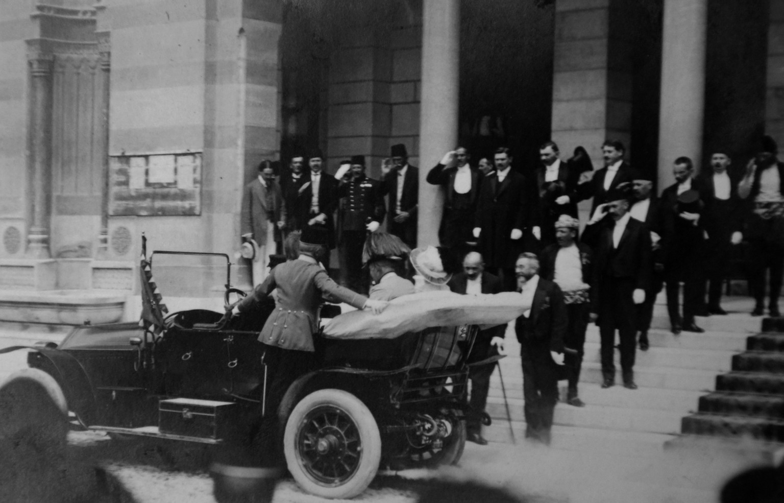 In this June 1914 photo provided by the Historical Archives Sarajevo, Archduke Franz Ferdinand of Austria and his wife Sophie arrive in their car on a visit to Sarajevo. On June 28, 1914, Gavrilo Prin ...