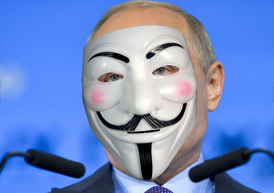 Putin hinter der Guy-Fawkes-Maske als Anonymous (Montage).