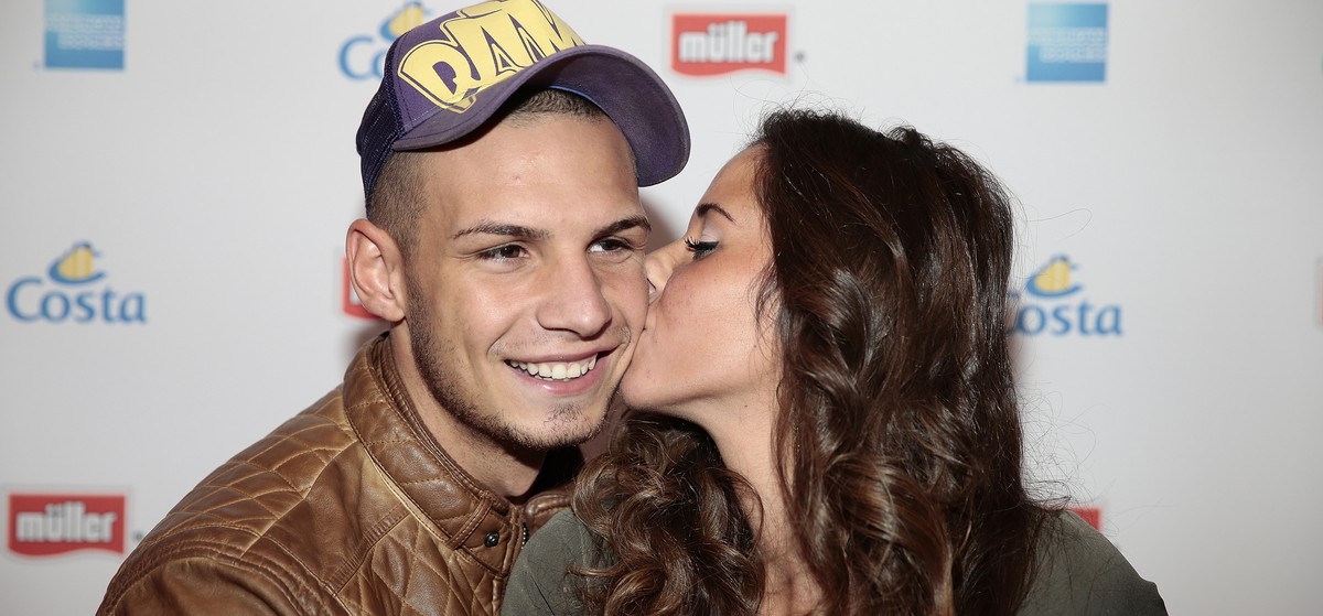 HAMBURG, GERMANY - DECEMBER 01: Pietro Lombardi and his wife Sarah Engels poses during the event 'Movie Meets Media' at Hotel Atlantic on December 1, 2014 in Hamburg, Germany. (Photo by Oliv ...