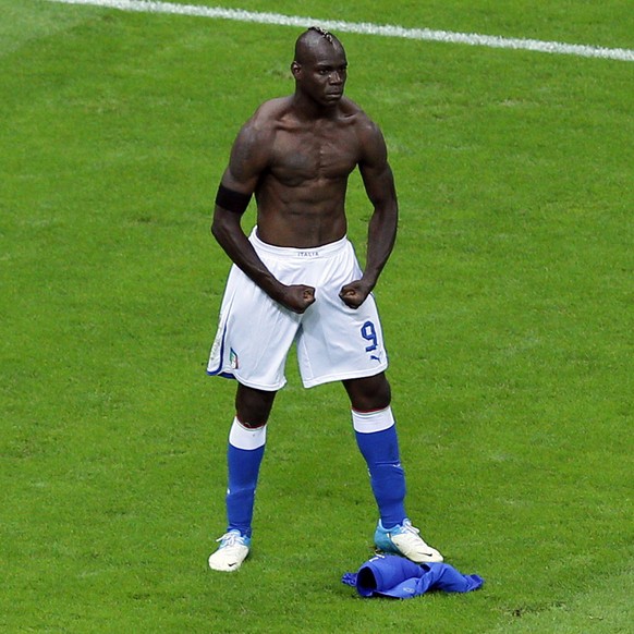 Italy&#039;s Mario Balotelli celebrates scoring his side&#039;s second goal during the Euro 2012 soccer championship semifinal match between Germany and Italy in Warsaw, Poland, Thursday, June 28, 201 ...