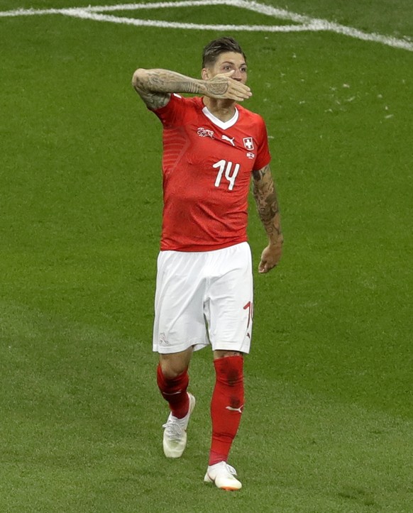 Switzerland&#039;s Steven Zuber celebrates his side&#039;s first goal during the group E match between Brazil and Switzerland at the 2018 soccer World Cup in the Rostov Arena in Rostov-on-Don, Russia, ...