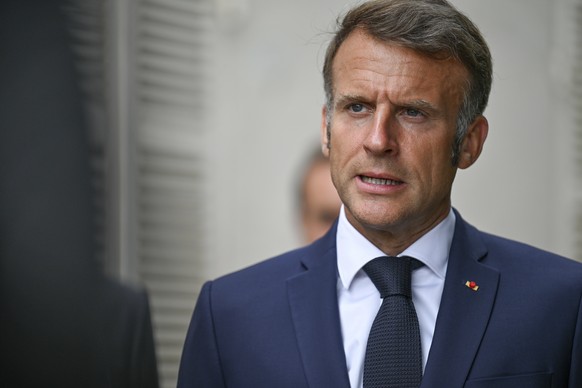 French President Emmanuel Macron speaks during a statement following a video conference on Ukraine at the Fort de Bregancon in Bormes-les-Mimosas, southern France, Wednesday Aug.13, 2025. (Philippe Ma ...
