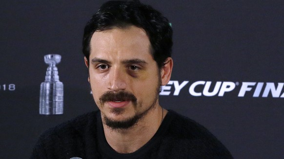 Vegas Golden Knights defenseman Luca Sbisa, of Italy, speaks to the media, Sunday, June 3, 2018, at Kettler Capitals Iceplex in Arlington, Va. The Golden Knights will play the Washington Capitals in G ...