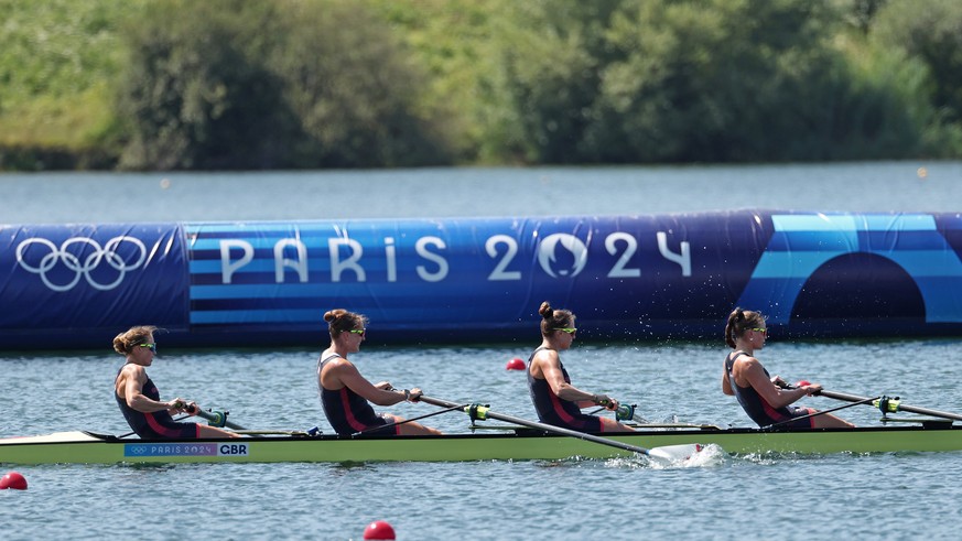 epa11502179 Helen Glover, Esme Booth, Samantha Redgrave and Rebecca Shorten of Great Britain compete in the Women Four heats of the Rowing competitions in the Paris 2024 Olympic Games, at the Vaires-s ...