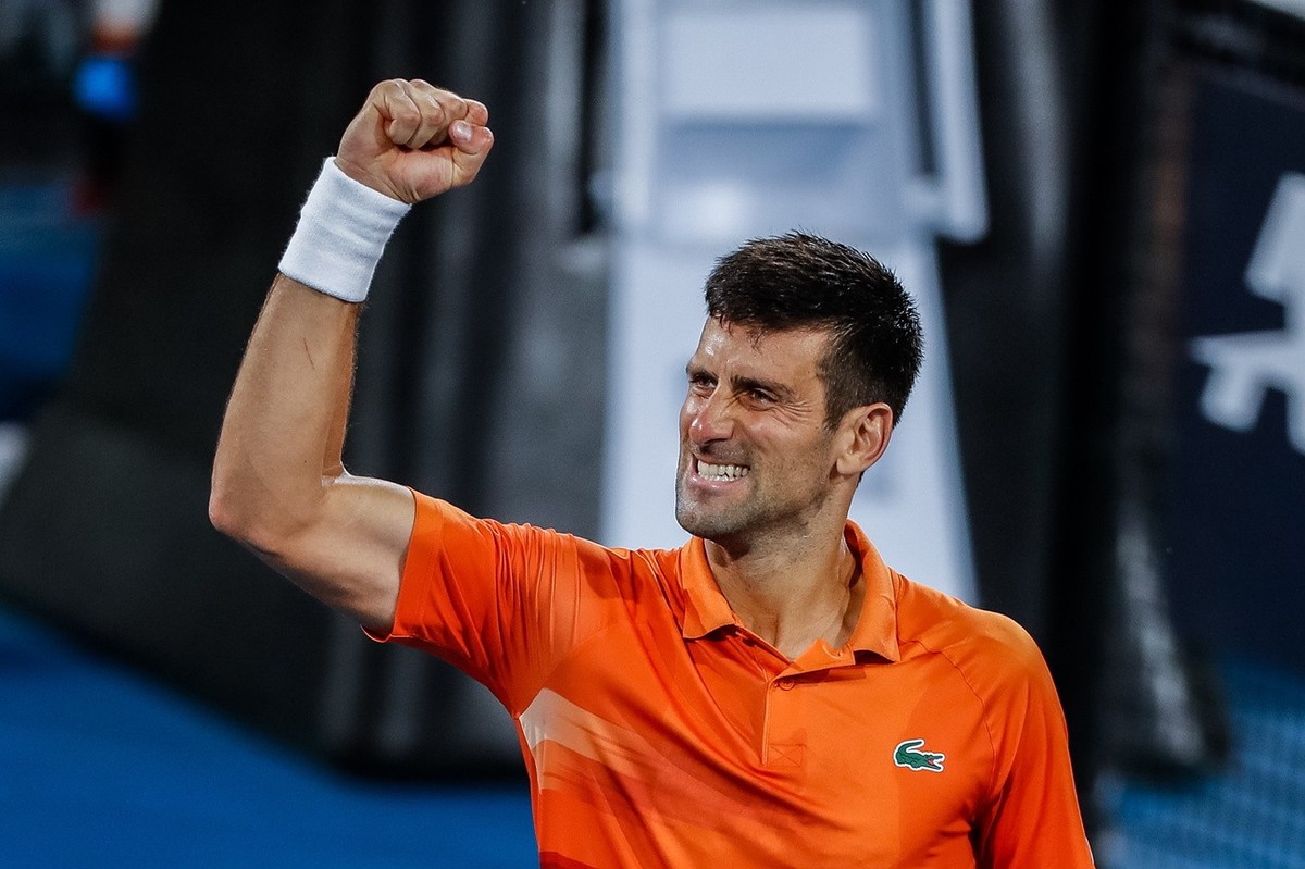 epa10395394 Novak Djokovic of Serbia celebrates victory in his match against Sebastian Korda of the United States during the Mens Singles Final 2023 Adelaide International Tennis Tournament at the Mem ...