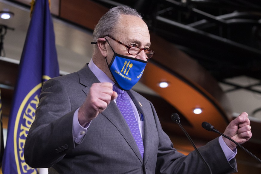 epa09067827 Senate Majority Leader Chuck Schumer speaks during a news conference on passage of gun violence prevention legislation, with Democratic lawmakers on Capitol Hill in Washington, DC, USA, 11 ...