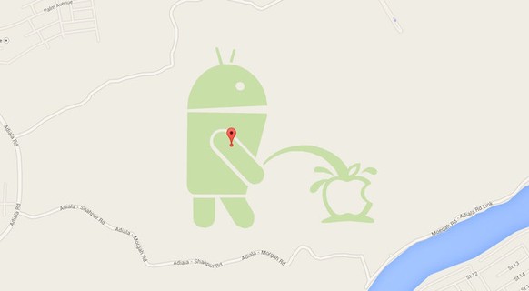 Das Android-Maskottchen urinierte in Google Maps auf das Apple-Logo.