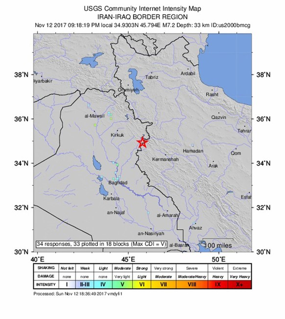 epa06325317 A handout photo made available by the US Geological Survey (USGS) on 12 November 2017 shows a intensity shake map of a 7.2-magnitude earthquake at the Iraqi-Iranian border region near Hala ...