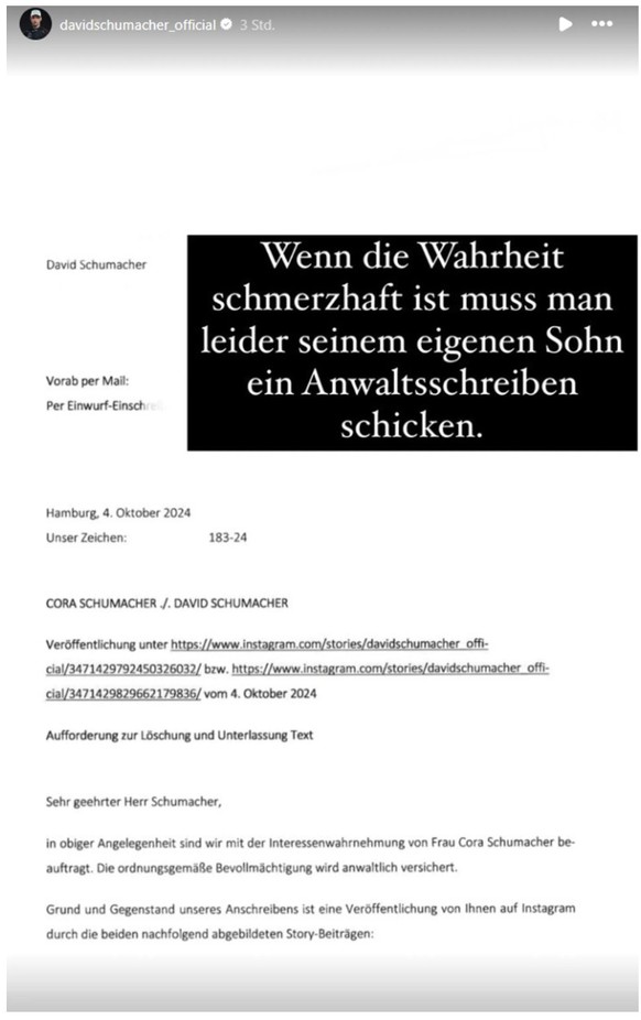 Ein Anwaltsschreiben an den eigenen Sohn von Cora Schumacher.