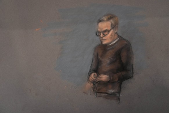 A court sketch of Marius Borg Hoiby during the first day of the trial against him, which is taking place in room 250 of the Oslo District Court, Norway, Tuesday Feb. 3, 2026. (Drawing: Ane Hem / NTB P ...