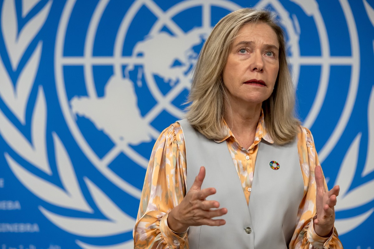 epa11646965 Celeste Saulo, Secretary-General of World Meteorological Organization (WMO), presents the WMO's State of Global Water Resources report during a presse conference, at the European head ...
