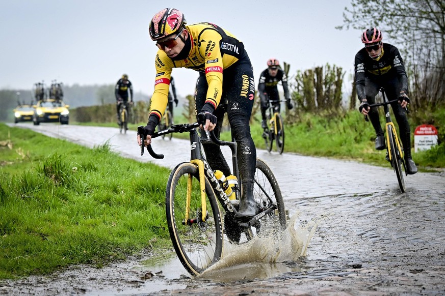 Belgian Wout van Aert of Team Jumbo-Visma pictured in action during the reconnaissance of the track ahead of this year s Paris-Roubaix cycling race, Thursday 06 April 2023, around Roubaix, France. The ...