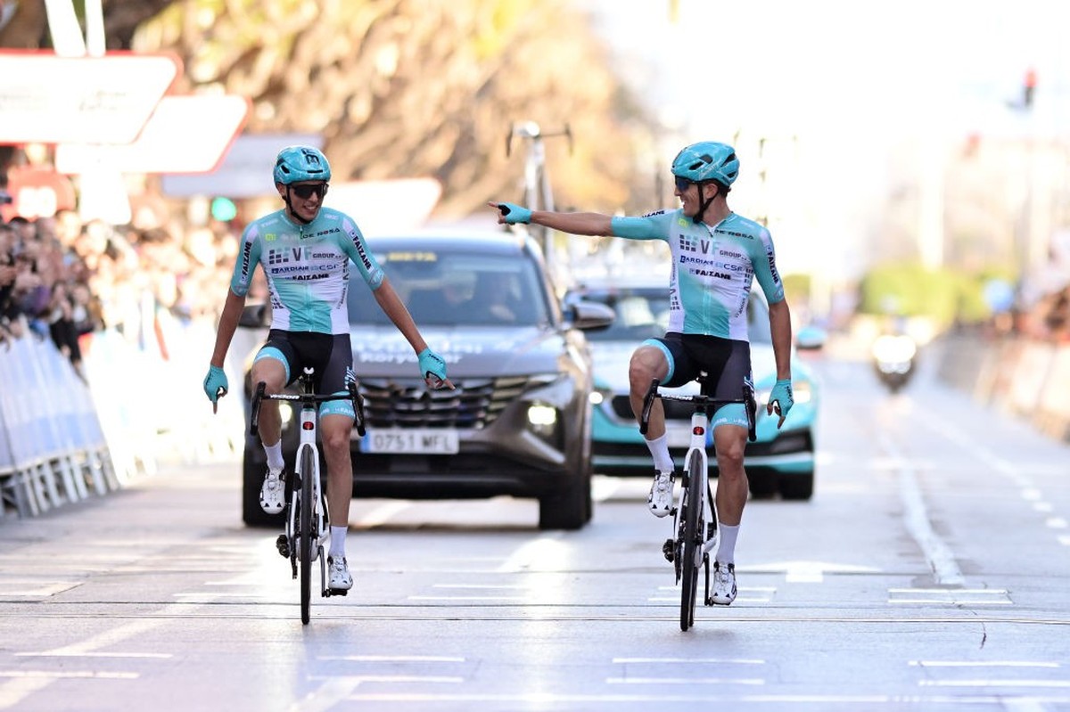 CASTELLON, SPAIN - JANUARY 31: (L-R) Manuele Tarozzi of Italy and stage winner Alessandro Tonelli of Italy and Team VF Group-Bardiani CSF celebrate at finish line as stage winner during 75th Volta a l ...
