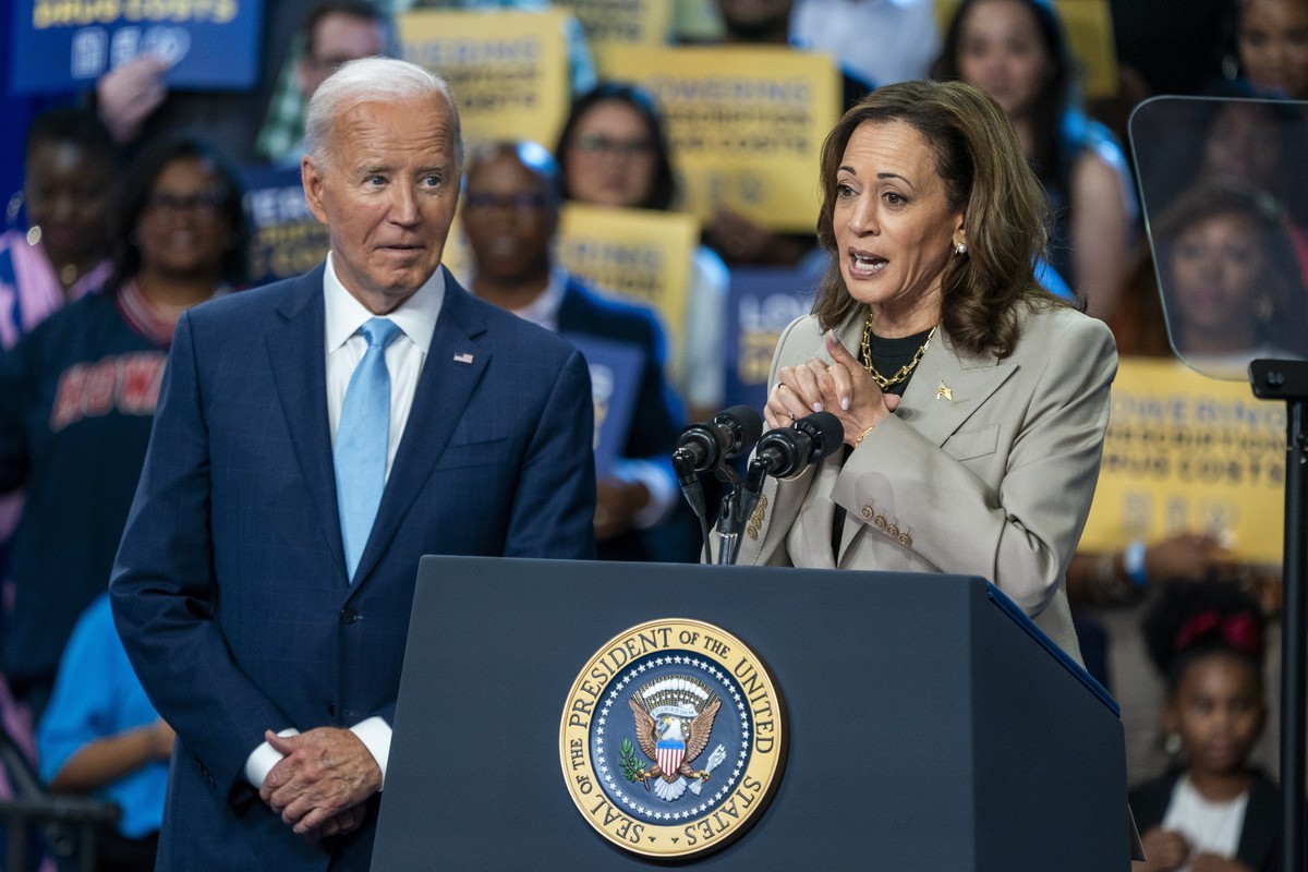 epa11550628 Presumptive Democratic Presidential nominee, Vice President Kamala Harris (R), with US President Joe Biden, delivers remarks on the progress they are making to lower costs for the American ...