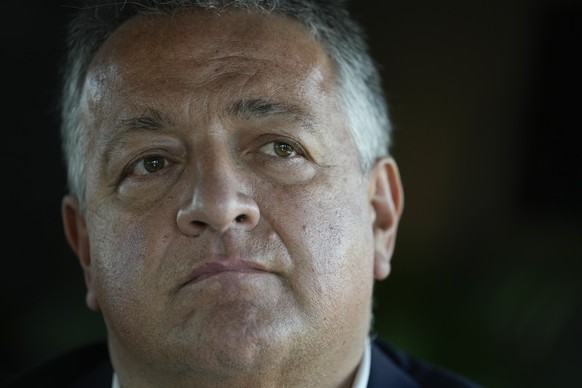 Moderna co-founder and chairman Noubar Afeyan listens to questions during an interview with the Associated Press, in Rome, Monday, Oct. 11, 2021. (AP Photo/Andrew Medichini)