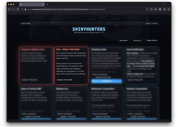 Drohung gegen das FBI auf der Leak-Site der Erpresserbande ShinyHunters im Darknet (23. September 2026), bearbeiteter Screenshot: watson