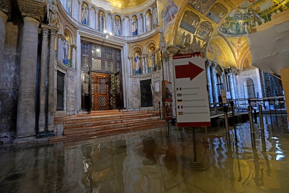 epa07993123 An overview of the narthex of the Basilica of San Marco, damaged by flooding in Venice, northern Italy, 13 November 2019. A wave of bad weather has hit much of Italy on 12 November. Levels ...