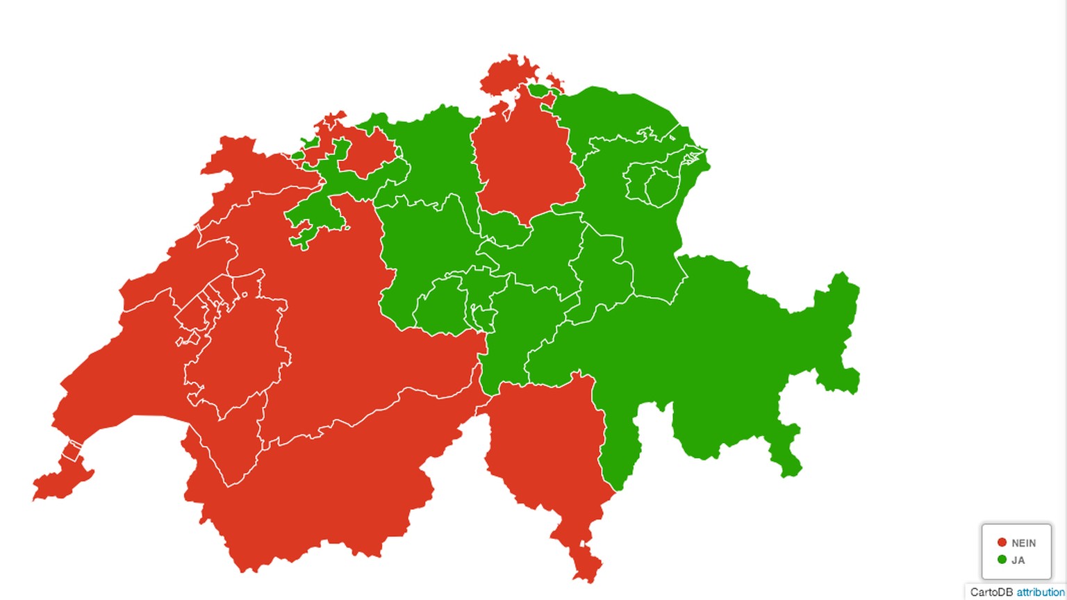 So stimmte die Schweiz beim Gripen-Kauf. (Rot ist Nein, Grün Ja)