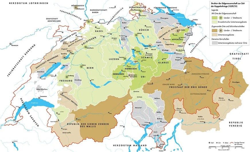 Die Karte zeigt die Eidgenossenschaft um 1530 und veranschaulicht ihre Struktur mit den 13 Alten Orten.
https://de.wikipedia.org/wiki/Datei:Struktur_Eidgen_1530.png