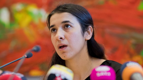 epa05338938 Human rights activist Nadia Murad Bansee Taha speaks at the state parliament in Hanover, Germany, 31 May 2016. The human right activist spoke about her time as a prisoner of the Islamic St ...